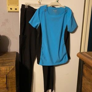 Teal scrub top, black bottoms, size Medium, butter-soft brand, “easy stretch”